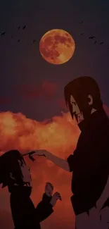 Anime silhouette under a full moon with a dramatic, cloudy sky.