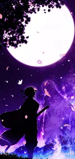 Anime silhouette by moonlight with purple hues.