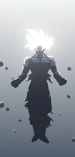 Anime silhouette of a powerful floating figure with dark gray background.