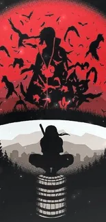 Anime silhouette with red sunset and ravens in dramatic scenery.