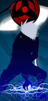 Silhouette of anime character with blue lightning effect.