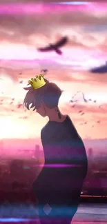 Anime silhouette with crown in pink sunset.