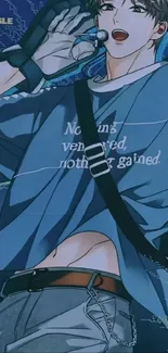 Anime singer in blue T-shirt with microphone, stylish and vibrant.