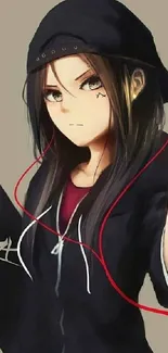 Anime girl with skateboard and hoodie, wearing headphones.