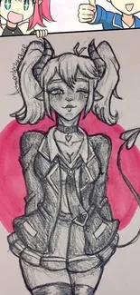 Anime sketch of a demon girl with a pink background and gothic attire.