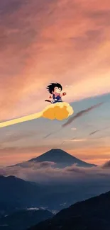 Anime character flying on a cloud over mountains at sunset.