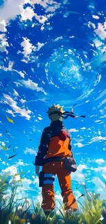 Anime character looks at a swirling blue sky with vibrant clouds and greenery.