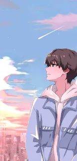 Anime boy gazing at city skyline during sunset with a serene, colorful sky.