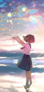 Anime girl reaching for stars in colorful sky dreamscape art.