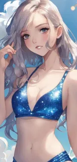 Anime woman in starry blue outfit under a clear sky.