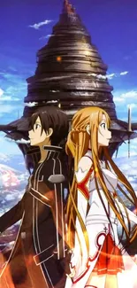 Anime characters back-to-back in front of a towering structure with a vivid sky.