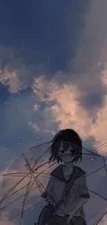 Anime character holding umbrella under a cloudy sky.