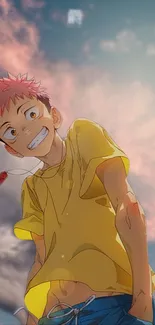 Anime character in yellow shirt with pink sky.