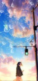 Anime wallpaper featuring evening sky with floating dandelions.