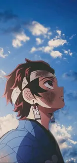 Anime character gazing at the sky with clouds.