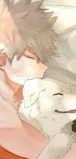 Anime character sleeping with two dogs, warm colors.