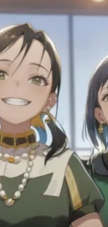 Anime wallpaper of two smiling characters with jewelry.