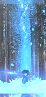 Anime character running through snowy forest with blue lights.