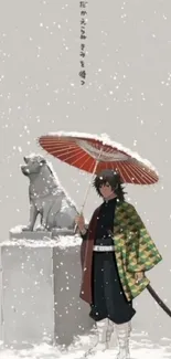 Anime character with umbrella in snow beside dog statue.