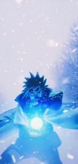 Anime warrior in snow with blue energy.