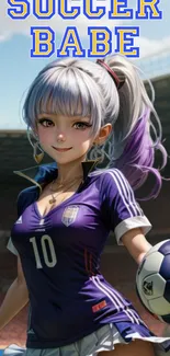 Anime girl in soccer jersey holding a ball.