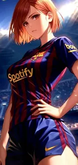 Anime soccer player in a stadium with dynamic lighting.