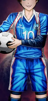 Anime soccer player in blue jersey holding a ball, set against a cosmic background.