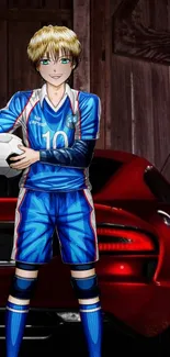 Anime soccer player stands with a ball in front of a red sports car.