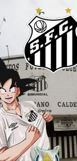 Anime character with soccer team emblem on stadium background.