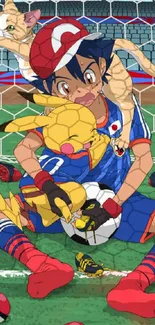 Anime character playing soccer with vibrant, colorful design.