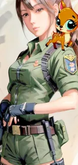 Anime soldier with a cute cartoon fawn on her shoulder, perfect mobile wallpaper.