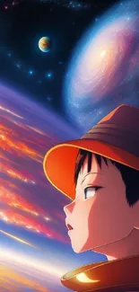 Anime character gazes into a vibrant cosmic scene with planets and galaxies.