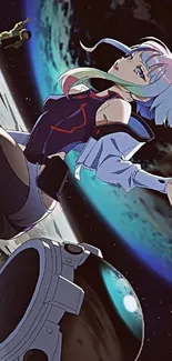 Anime character in space with Earth backdrop.