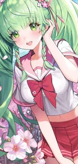 Anime girl with green hair and cherry blossoms background.