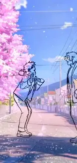 Anime sketch with cherry blossoms on a spring street.