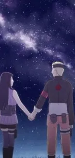 Anime couple holding hands under a starry night sky illustration.