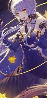 Anime singer in starry sky with microphone and glowing stars.