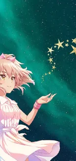 Anime girl reaching for stars with a starry, galaxy background.