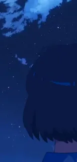 Anime figure gazing at a starry night sky with deep blue hues.