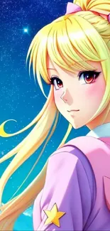 Anime girl with blonde hair under a starry sky.