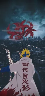 Anime character overlooking a stormy city skyline at night.