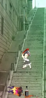 Anime character leaping on urban street art stairs.