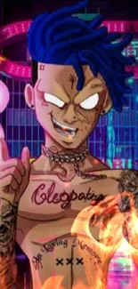 Vibrant anime character with tattoos in neon cityscape.