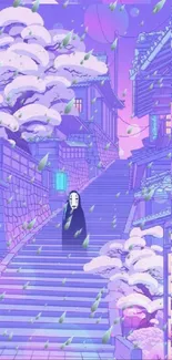 Anime street nightscape with purple hues and a mysterious masked figure.