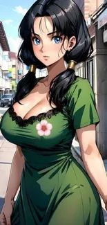 Anime character in a green dress on a sunny street.