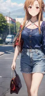 Anime character walking on street in casual outfit, mobile wallpaper.