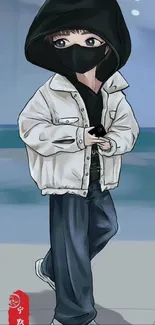 Anime character in hoodie and mask with blue-gray background.