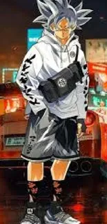 Anime character in street style attire with city background.