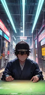 Anime character in neon-lit street, blue robe.