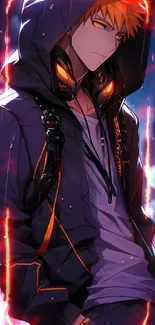 Anime character in hoodie with city lights background.